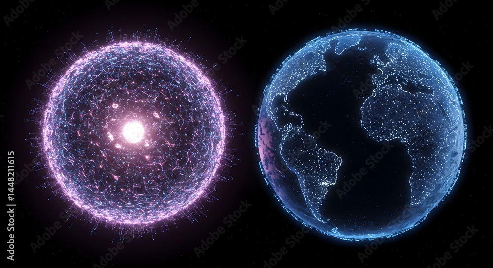 Poster interconnected digital spheres representing global communication network technologies