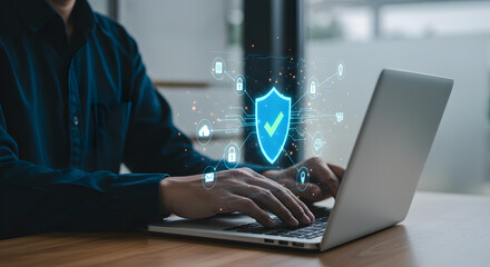 Cyber security data protection privacy concept man using laptop with shield icon secure network