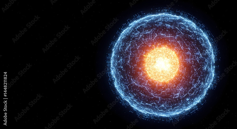 Poster abstract glowing sphere with intricate digital network and vibrant core