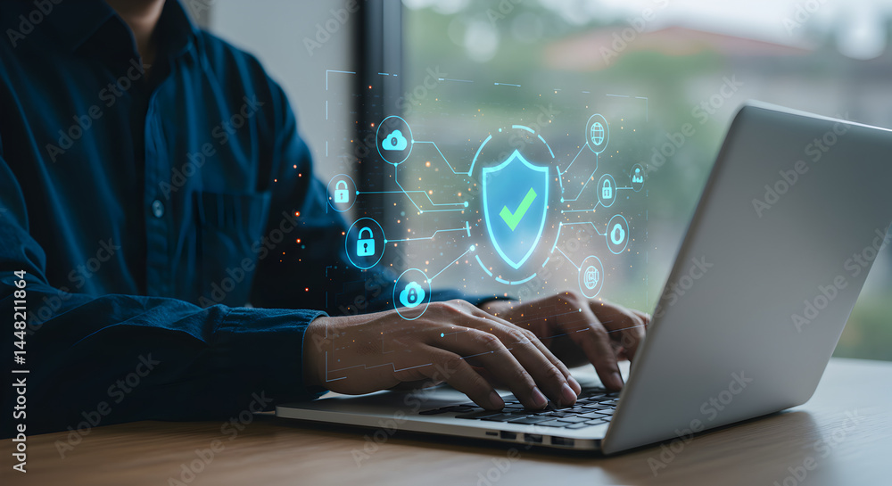 Poster cyber security solutions for business data protection and online safety with secure cloud network