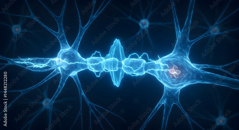 Poster visual representation of neural network, depicting synapse transmission