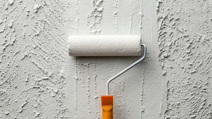 Obraz premium Closeup of roller applying matte white paint on textured wall surface, showing smooth and rough contrast with high fidelity and detailed finish for home improvement or renovation project