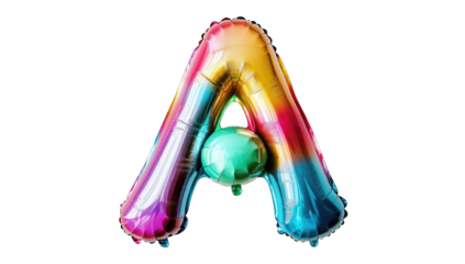 A vibrant. multicolored balloon letter A resting on a smooth surface. reflecting light. ideal for celebrations. parties. or artistic displays in a cheerful setting