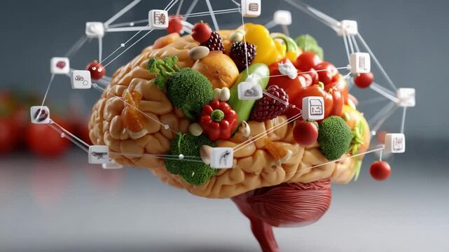 Nourishing the Mind: A creative composition featuring a human brain transformed into a vibrant collage of wholesome food items.