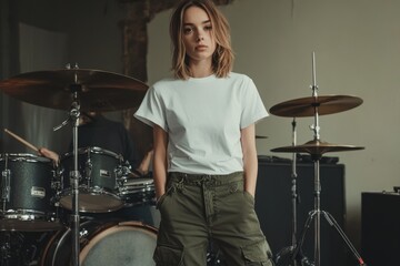 Young musician stands confidently in studio, surrounded by drums and instruments during an inspiring music rehearsal