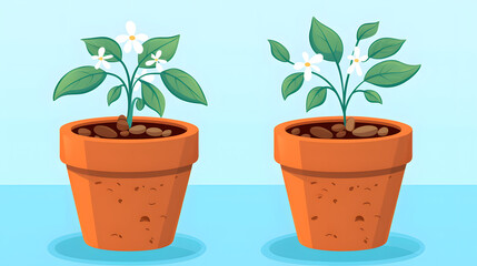 Obraz premium Botanical concept with flowerpots, soil, and sprouts on blue background