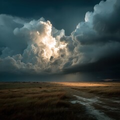 Dramatic Clouds Over Open Field at Dusk