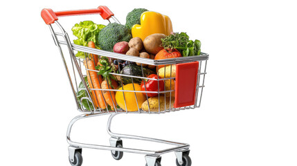 A vibrant shopping cart filled with fresh vegetables and fruits. showcasing a healthy lifestyle. set against a plain background. ideal for promoting nutrition and grocery shopping themes
