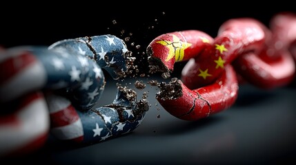 A vivid depiction of two chains painted with American and Chinese flags breaking apart symbolizing geopolitical tensions and conflicts in a dark setting