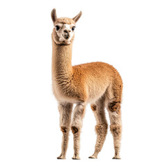 Obraz premium A fluffy alpaca standing confidently against a white background. The alpaca has a light brown coat with a fluffy mane and soft ears. The alpaca's gaze is direct.
