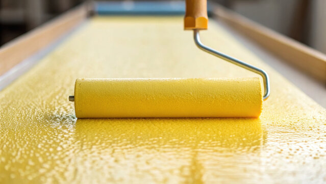 Yellow paint roller applying fresh paint on flat surface with closeup of roller applying pastel yellow paint gigapixel high fidelity vx