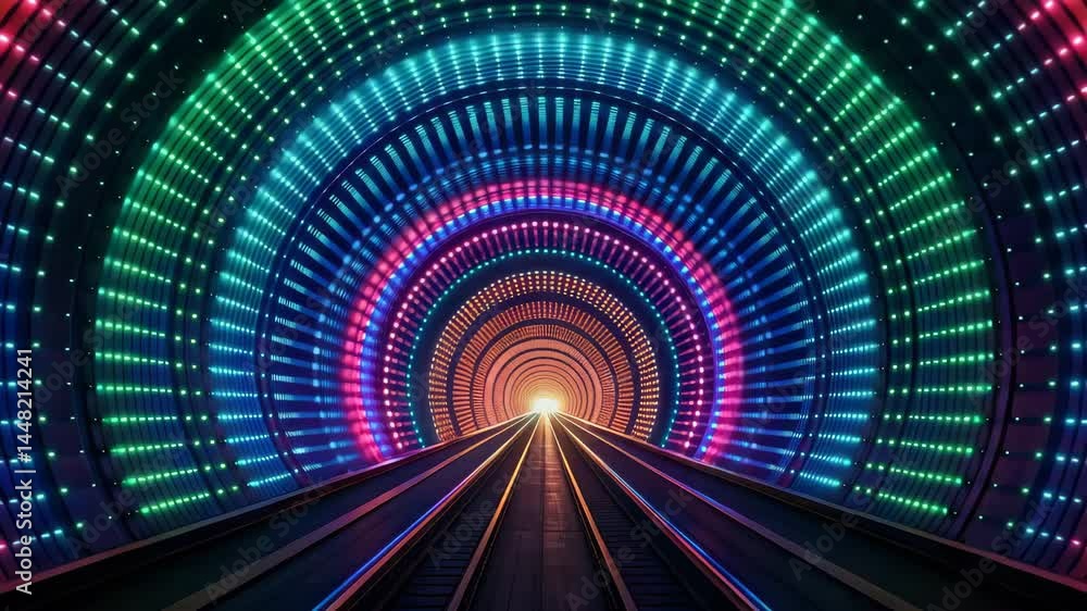 Poster a vibrant, illuminated tunnel featuring colorful lights, leading towards a bright end, creating a fu