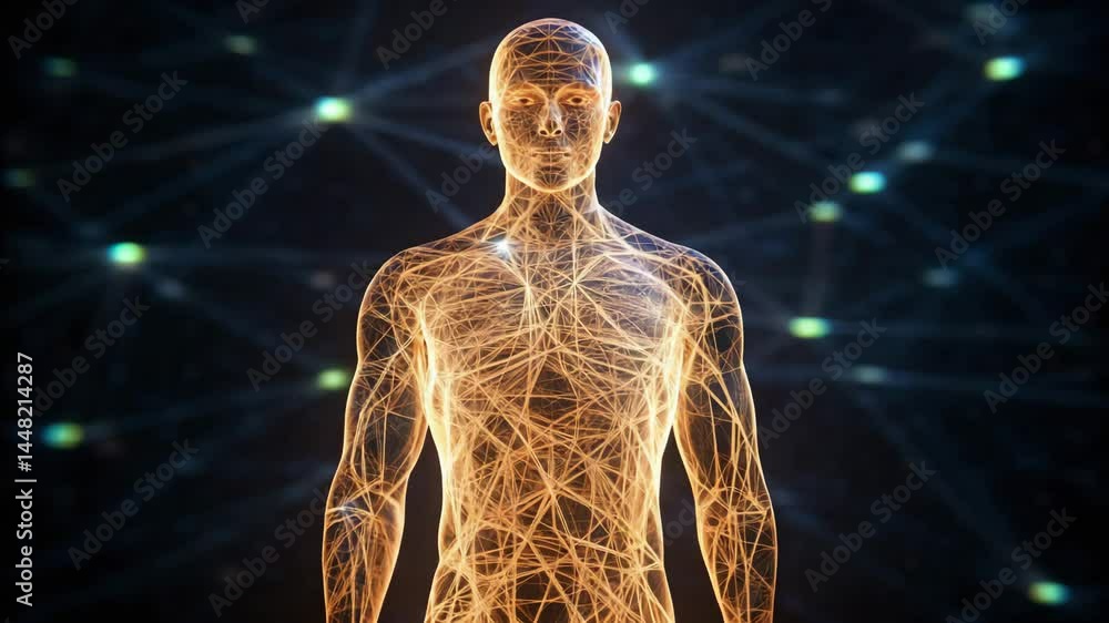 Poster a glowing human figure composed of interconnected lines and nodes, symbolizing neural networks and t
