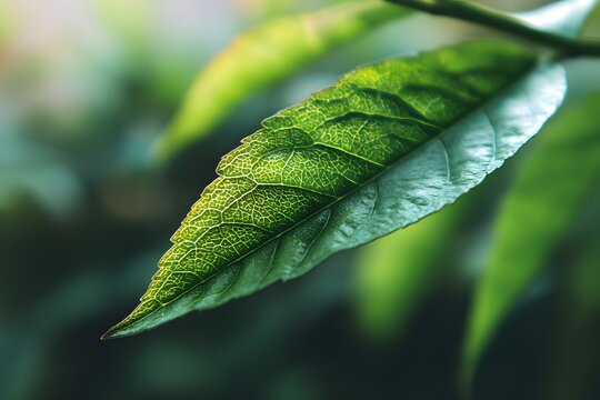 Closeup of a Single Green Leaf with Detailed Veins and Texture