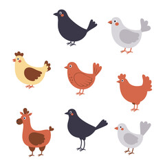 Stylized Cartoon Birds and Animal Chicken Robin Crow and Horse