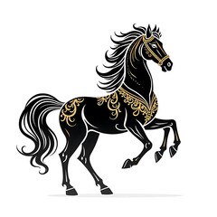 Decorative black horse in prancing pose with luxury gold elements high resolution photo
