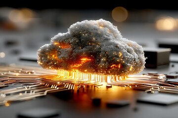 Conceptual cloud computing data transfer on circuit board abstract representation of secure digital network connection futuristic technology with artificial intelligence