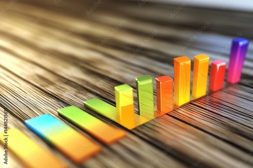 Poster colorful 3d bar graph representing data trends on a wooden surface with soft lighting