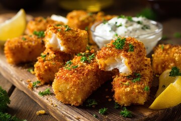 Fototapeta premium Zoomed in view of golden battered fish sticks accompanied by remoulade and lemon on a rustic wooden table
