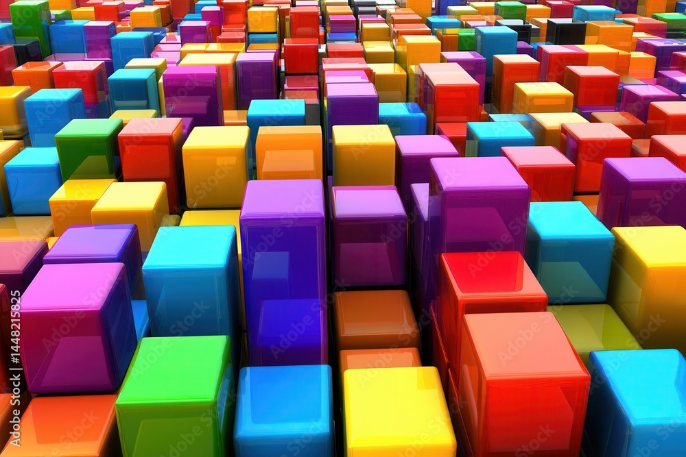 Poster colorful 3d blocks arranged in a vibrant pattern, creating a playful and dynamic background