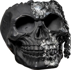old black skull with silver elements and part of chainmail on transparent background, png