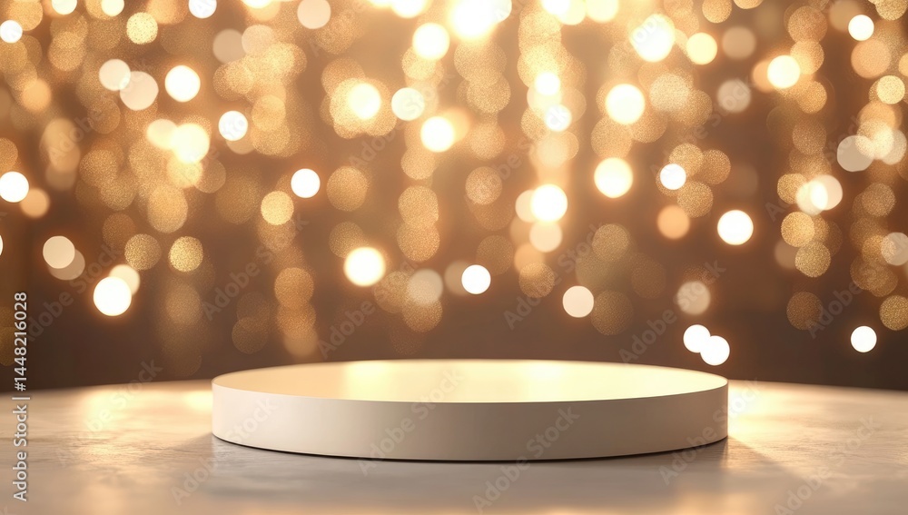 Poster white circular podium display with shimmering golden bokeh lights creating an elegant and festive pr