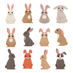 Assorted cartoon rabbits with varied fur colors and poses showcasing different rabbit breeds