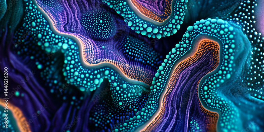 Poster Abstract image of vibrant blue, purple, and orange textured surface with dot patterns, creating a dynamic and surreal visual effect, ideal for digital art or design backgrounds