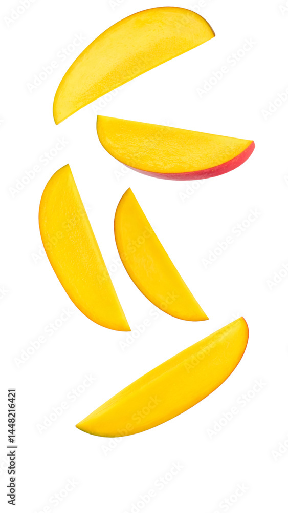 Poster sliced mango falling chaotically on transparent background