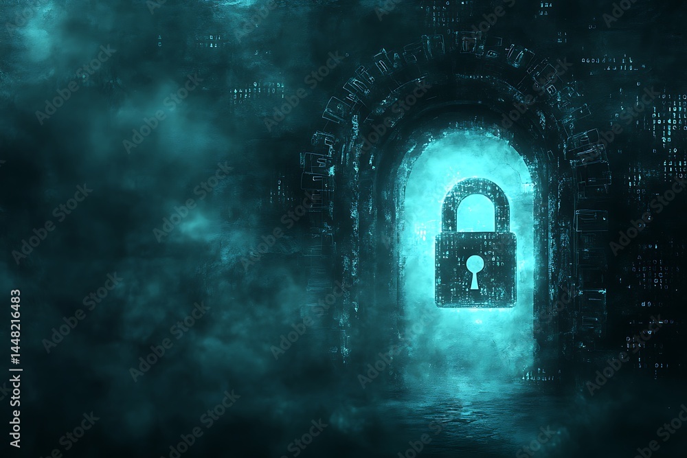 Aufkleber digital fortress security gateway lock emerging from cyber tunnel protecting information data throug