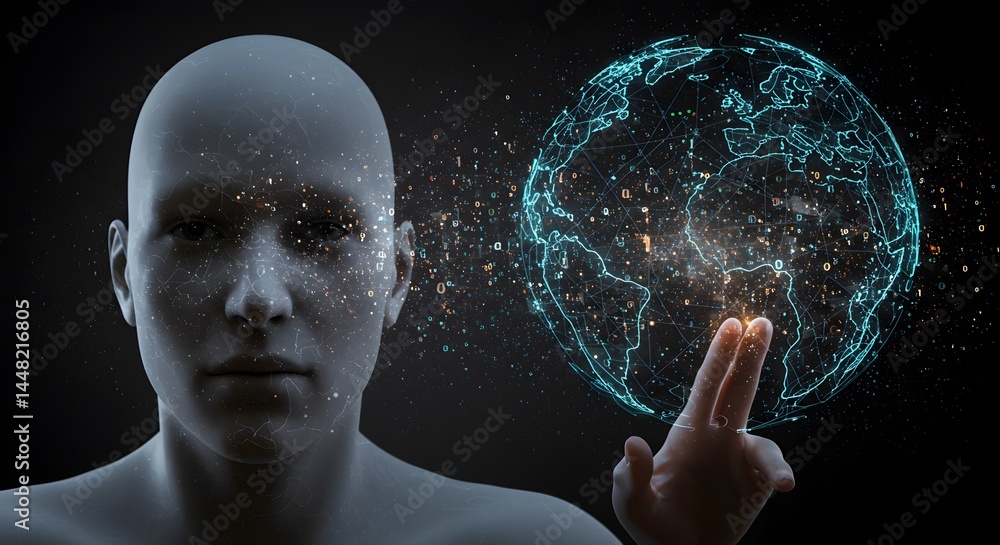Poster humanoid interface interacting with a digital global network projection