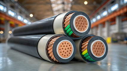Thick electrical cables with copper conductors and insulation layers are stacked on factory floor, showing detailed cross sections in industrial warehouse setting