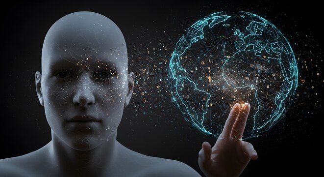 Humanoid interface interacting with a digital global network projection