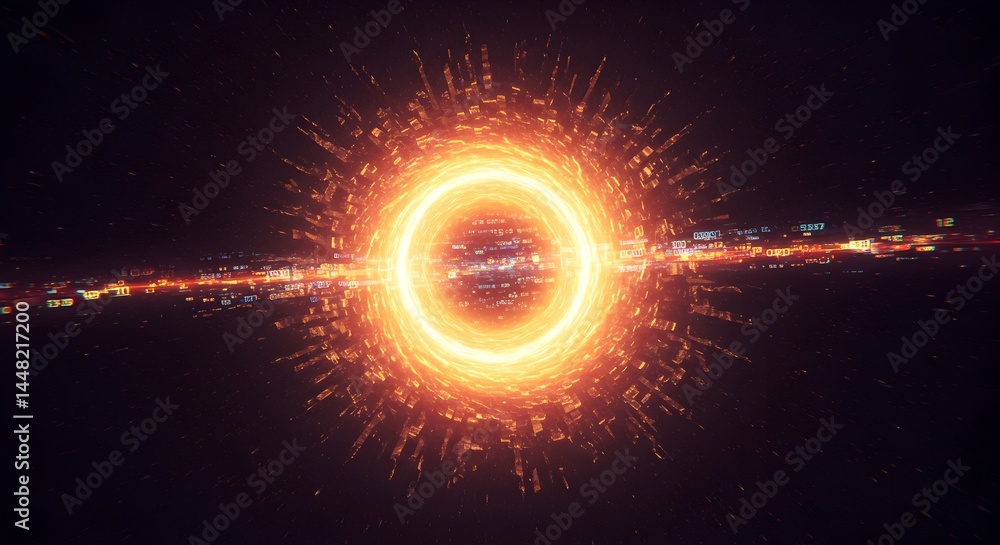 Poster abstract representation of a blazing celestial portal with digital data