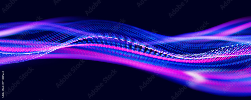 Poster Abstract wave of particles. Big data digital flow concept. LLM learning process, AI technology. Quantum computing. 