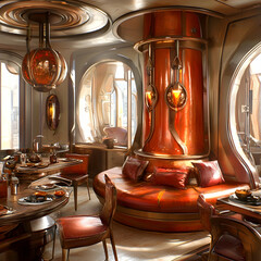 Futuristic dining room interior; orange column, curved seating, arched windows; sunny day background; ideal for sci-fi, fantasy settings