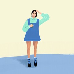 A vibrant illustration of a fashionable young woman wearing a blue pinafore dress over a mint green striped shirt. She is holding a cup of coffee and casually touching her hair. 