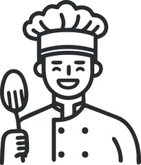 Black and white line art illustration of a smiling chef in uniform holding a spatula