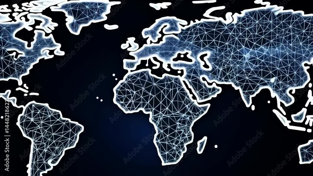 Poster network connection depicted over a polygonal outline of continents on world map with containers for 