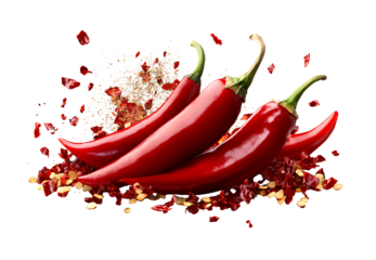 group Red and hot Falling bursting chili peppers whith chili pawder on islated transfarent background, PNG.