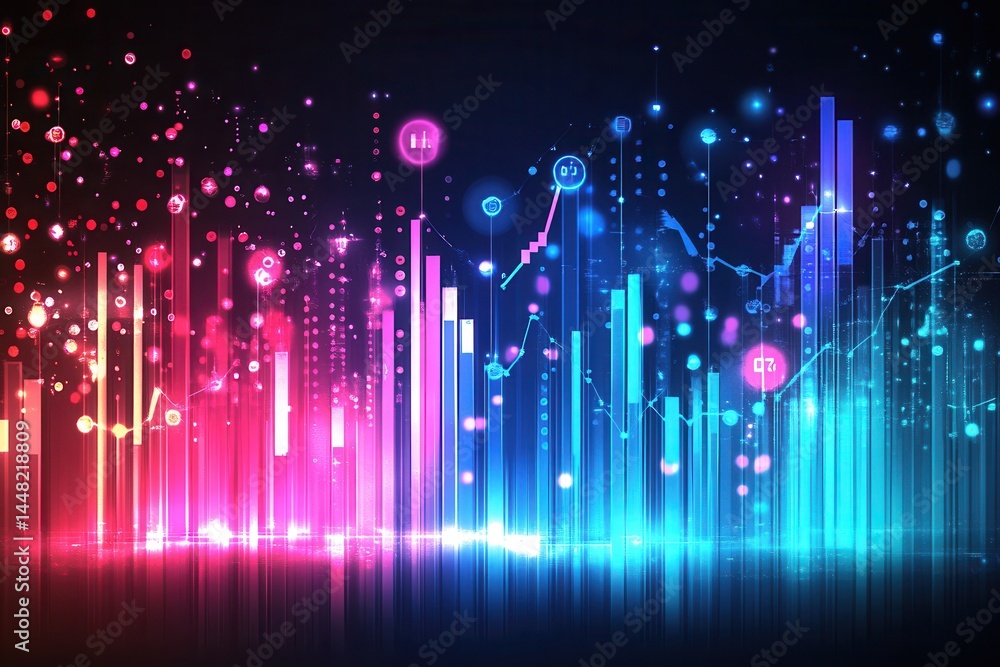 Poster colorful digital data visualization with vibrant bars and icons representing analytics trends