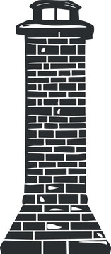 Black and white illustration of a tall brick lighthouse tower used as a coastal navigation beacon.