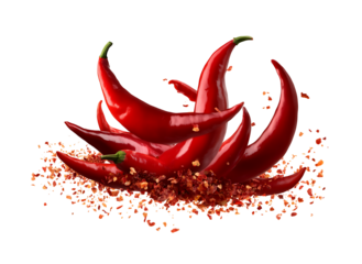 group Red and hot Falling bursting chili peppers whith chili pawder on islated transfarent background, PNG.