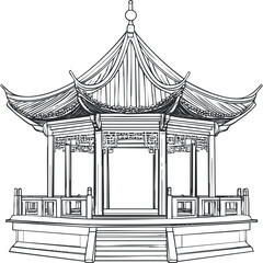 Detailed black and white line drawing of a traditional Asian pagoda gazebo with ornate roof and wooden structure