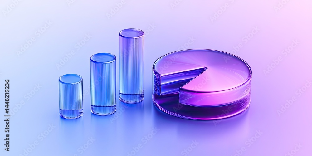 Poster glass bar chart and pie chart showing data trends on gradient illuminated background
