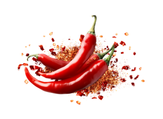 group Red and hot Falling bursting chili peppers whith chili pawder on islated transfarent background, PNG.