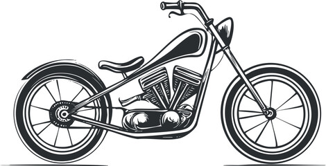 Fototapeta premium Black and white side view illustration of a classic chopper motorcycle with detailed engine and wheels