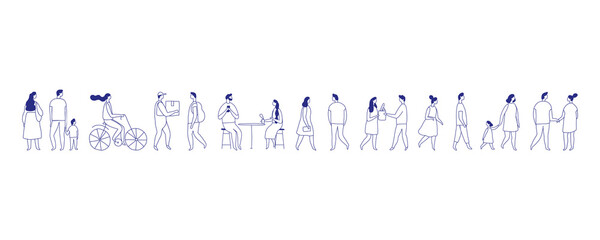 Background stylized people silhouette line vector set isolated on white. People crowd. Men and women, kids walking outdoor. Contour, drawing, people, character