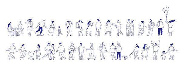 Background stylized people silhouette line vector set isolated on white. People crowd. Men and women, kids walking outdoor. Contour, drawing, people, character