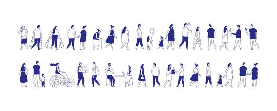 Background stylized people silhouette line vector set isolated on white. People crowd. Men and women, kids walking outdoor. Contour, drawing, people, character